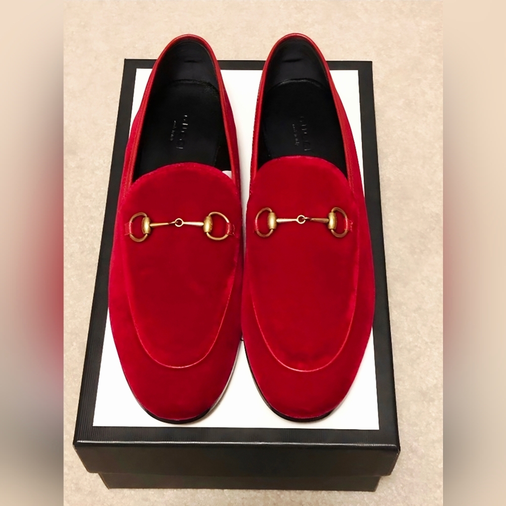 Gucci Velvet Hibiscus Jordaan Loafers Red 1953 Suede Gold Horsebit 39 8.5 NWOB - Picture 2 of 7